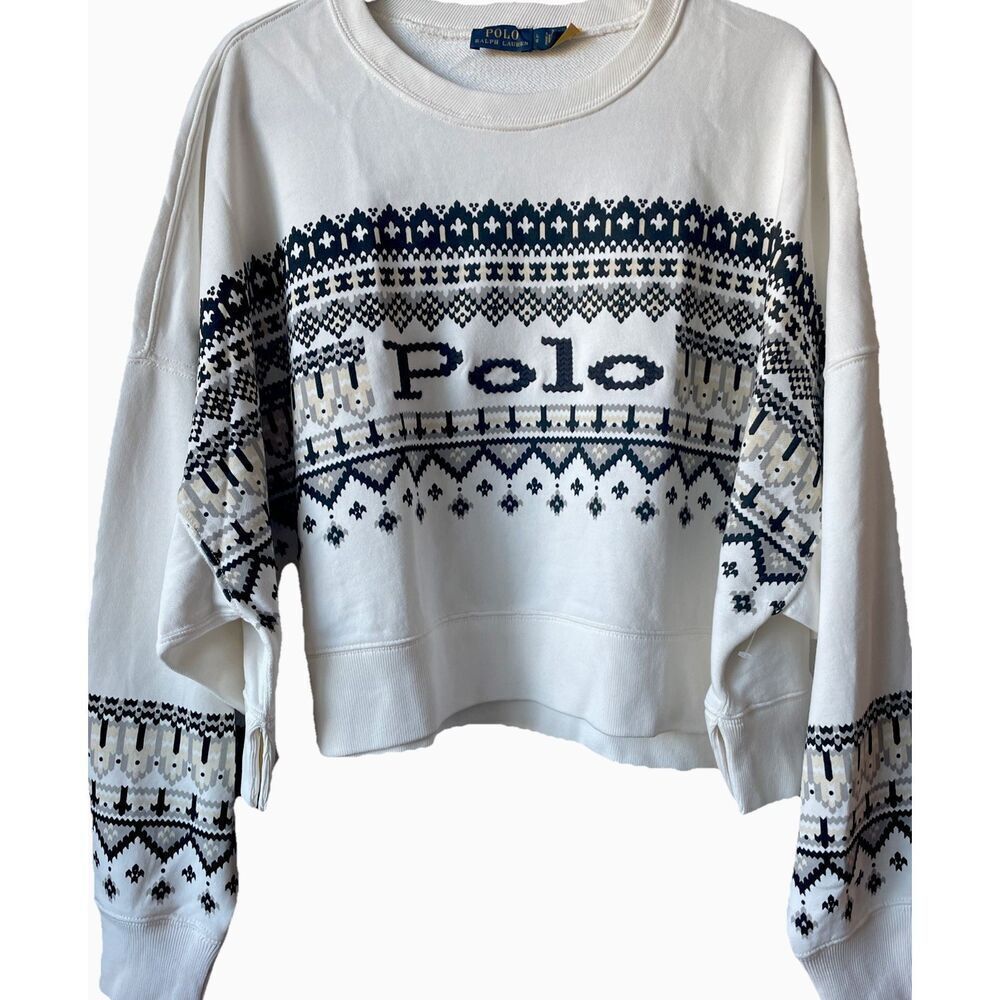 New Polo Ralph Lauren Logo Women's Geo-motif Terry Crop Pullover Size Large
